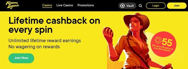 FortuneLegends cashback and no wager spins