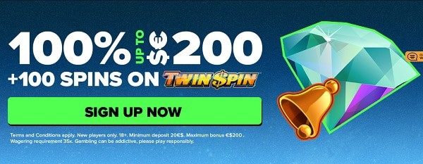 100% up to 200 EUR/USD/GBP welcome bonus and 100 free spins on Twin Spin 