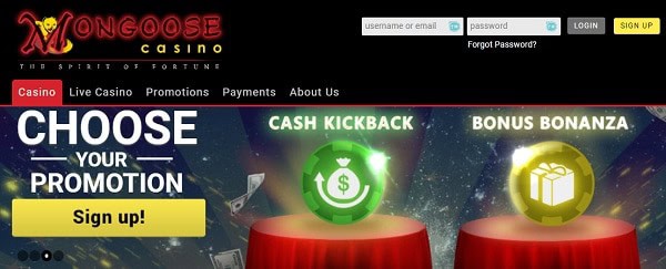 Mongoose Casino 30 gratis spins + 100% free bonus + cashback 