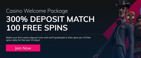 300% match bonus and 100 free spins offer 