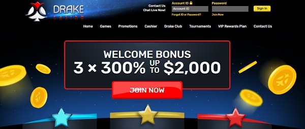 Drake Casino 3x 300% up to $2,000 welcome bonus plus 540 free spins