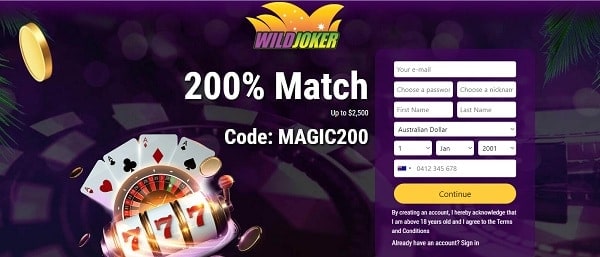 200% bonus and $25 free chip at WildJoker.com