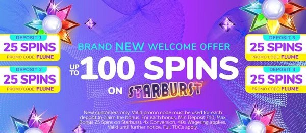 Flume Casino 100 free spins no wager bonus for new players