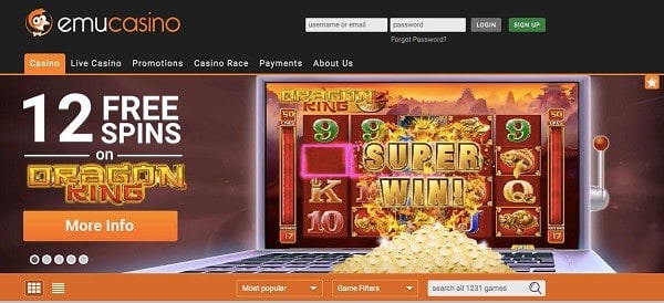 12 free spins on Emu