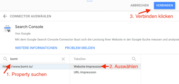 Screenshot der Verbindung der gewünschten GSC Property