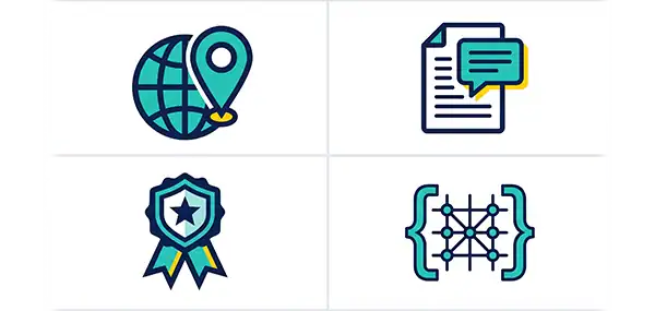 Clean flat digital illustration. Four equal quadrant tiles, each containing one bold icon representing a GEO signal: (1) a globe with a location pin — credibility across the web; (2) a document with a speech bubble — content that answers questions; (3) a badge or ribbon — E-E-A-T expertise and trust; (4) a code bracket or structured grid — schema markup and machine-readable content. Icons are simple and bold. Color palette: teal, navy, yellow accent on white. No text. Style: flat modern illustration, icon-forward, crisp edges. - What Is GEO — And Why Colorado Springs Businesses Need It Now