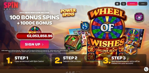 Spin Casino 100 free spins bonus on Wheel of Wishes jackpot (Microgaming)