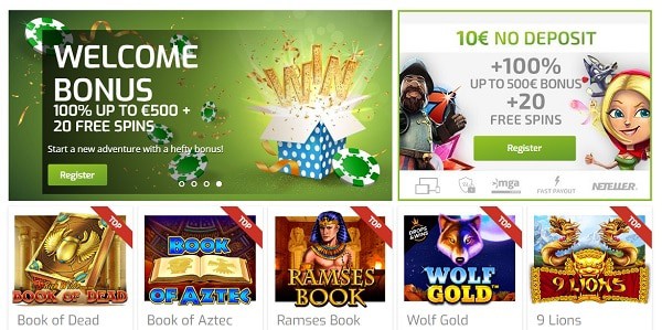 10 EUR no deposit + 20 free spins + 100% welcome bonus 