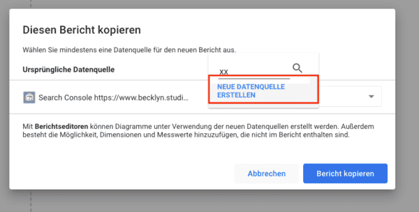 Screenshot der Erstellung einer neuen Datenquelle in der Google Search Console