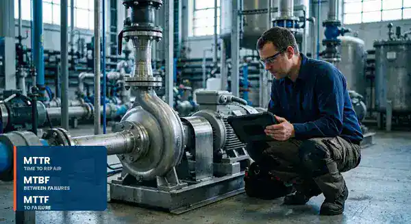 MTTR MTBF MTTF reliability metrics labeled over a maintenance technician inspecting an industrial pump