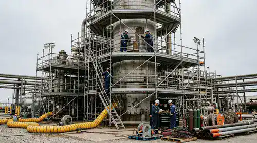 Refinery distillation column wrapped in multi-level scaffolding during a planned maintenance turnaround, with technicians in flame-resistant coveralls and hard hats inspecting equipment at several levels and staged piping, hoses, and gas cylinders on the ground
