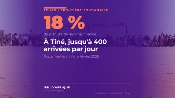 Des réfugiés soudanais au Tchad attendent avec leurs charrettes au poste frontière d'Adré, dans l'est du pays, en février 2026