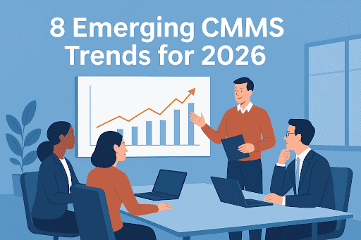 10 emerging CMMS trends for 2026 illustrated with a team reviewing a rising performance chart in a conference room