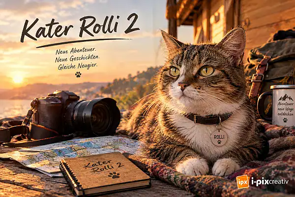 Kater Rolli vor einer Küstenlandschaft mit Kamera und Reisekarte