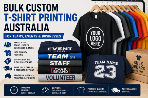 Bulk custom T-shirt printing Australia banner showing printed shirts for teams, events, businesses, bulk orders and Australia-wide shipping.