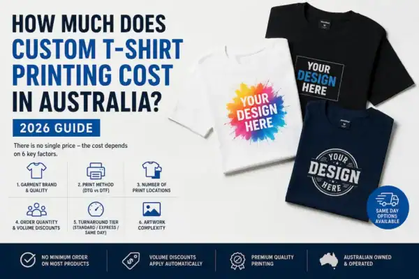 Infographic showing the main factors that affect custom T-shirt printing cost in Australia, including garment quality, print method, print locations, quantity, turnaround and artwork.