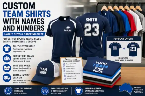 Custom team shirts with names and numbers showing front logo and back name number layout for teams, events, clubs and businesses.