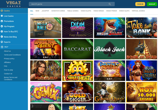 Vegaz Casino Homepage