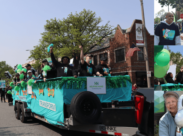 A colorful parade float decorated with green fringe and “Helping Hand” signs moves down a street. People on the float wave, hold pom-poms, and balloons. Smaller images show close-ups of smiling participants and parade balloons.