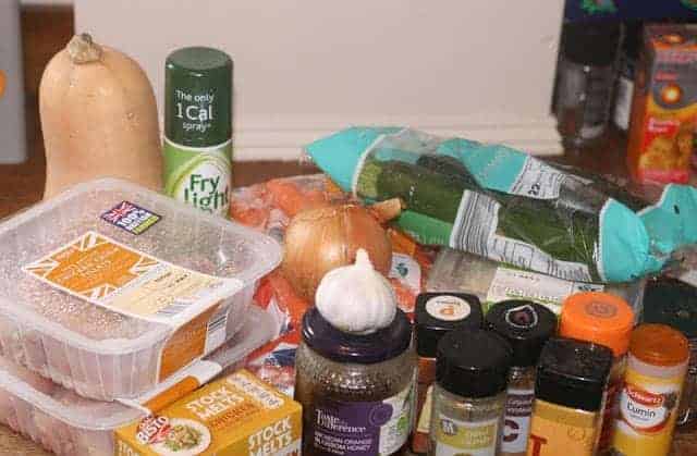 ingredients for Moroccan chicken casserole and roasted butternut squash and cauliflower rice