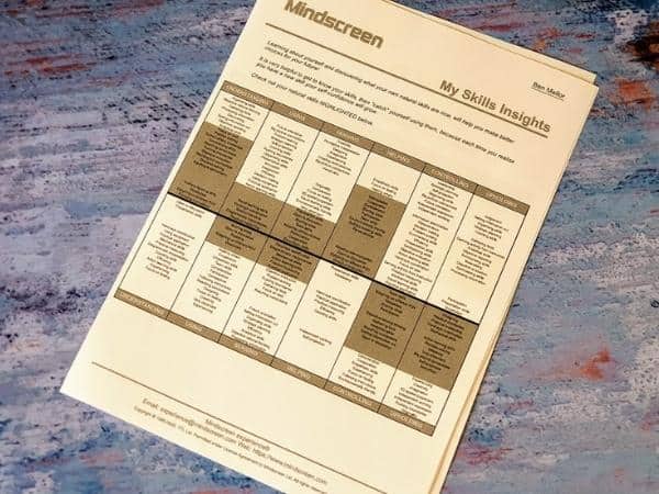 Closeup of Mindscreen lessons sheet on grey background