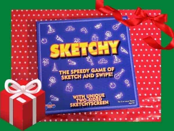 Blue box of Sketchy game on red and white background