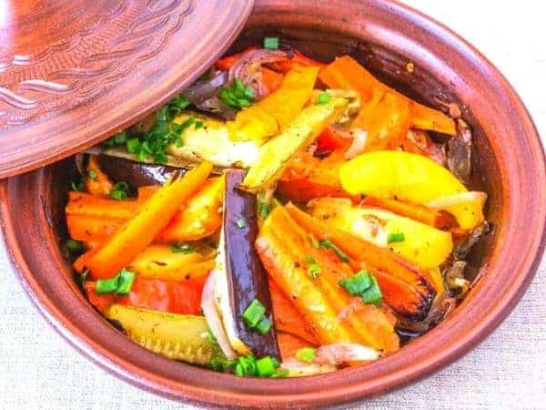 vegan tagine in a tagine pot.