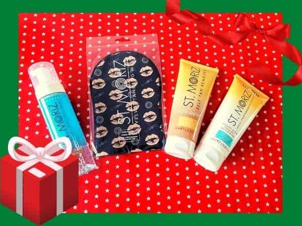 St Moriz tanning products on red and white background