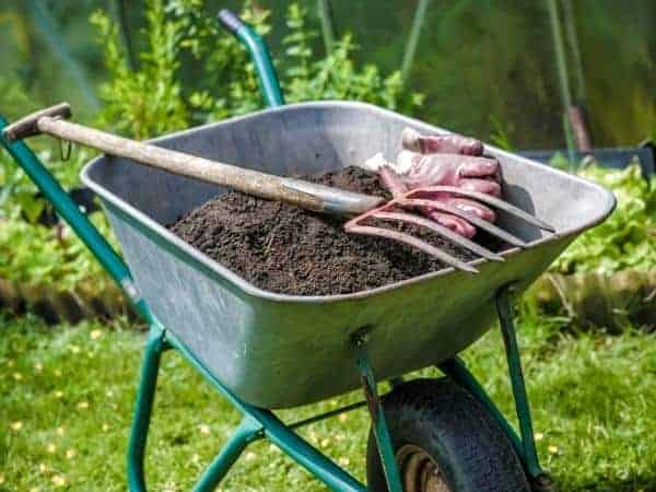 wheelbarrow with mud and a garden fork inside