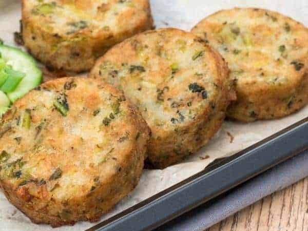 A tray of food, with Potato and Fishcake