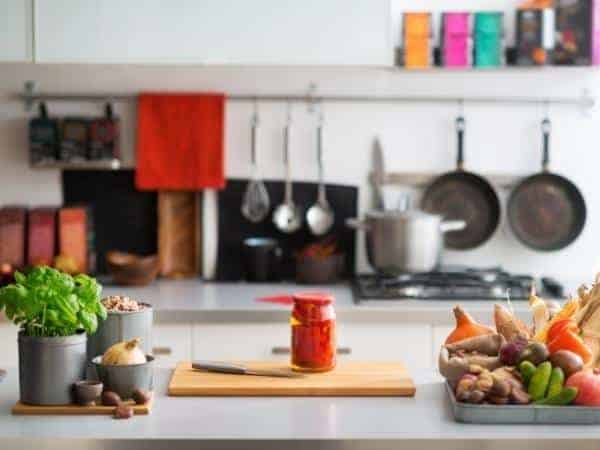 A bowl of fruit on a kitchen counter