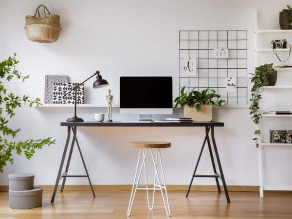 A living room with work desk