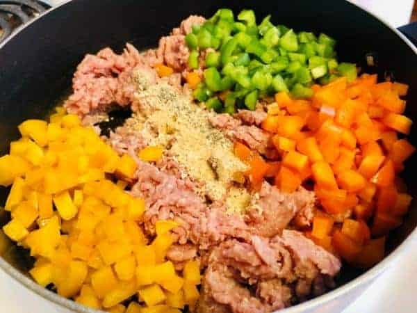 frying pan of beef rice and other ingredients