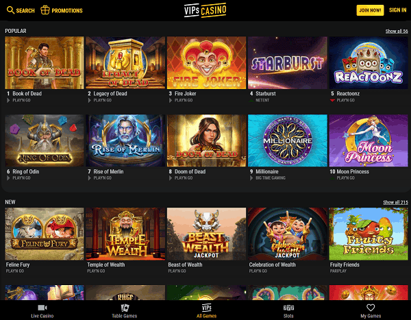 VIPS Casino Website Review Page