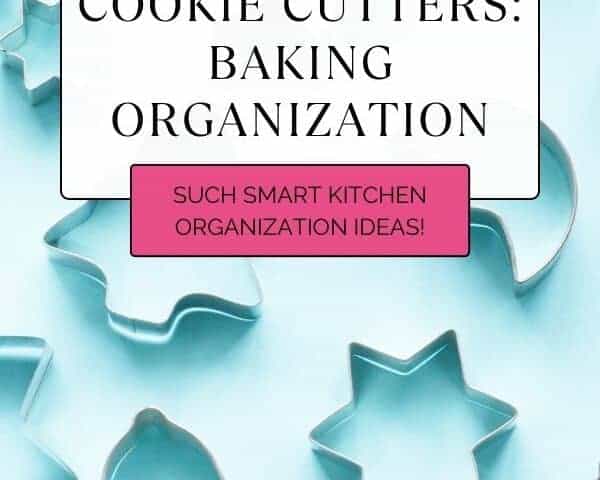 aluminum cookie cutters in various shapes on aqua background with black, white and pink text overlay box