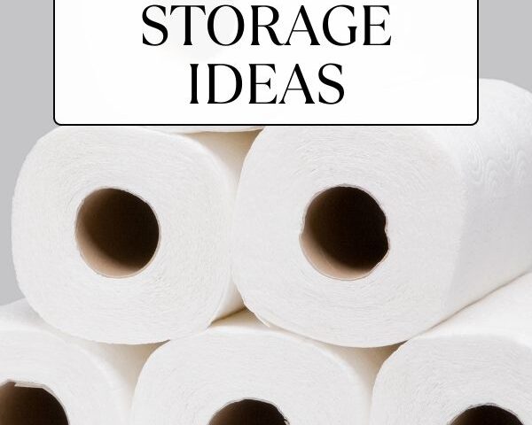 stack of paper towels against grey background with pink, black and white decorative text overlay