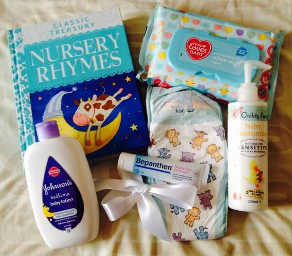 Our Bepanthen Bedtime Challenge Essentials - Bepanthen nappy ointment, Nursery Rhymes Book, Johnson's bedtime baby lotion, Nappy, Ultra sensitive baby wipes and Childs Farm baby moisturiser