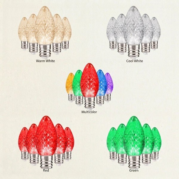 Faceted LED Christmas light bulbs in warm white, cool white, multicolor, red, and green