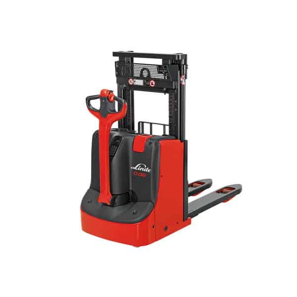 Linde pallet stacker forklift for warehouse material handling and loading.