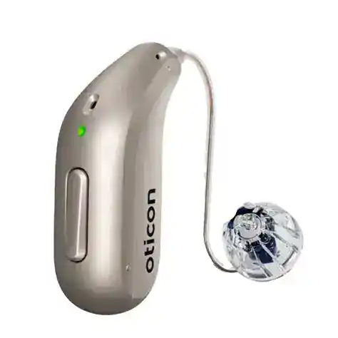 Modern behind-the-ear hearing aid with a clear earbud, designed for improved hearing and comfort. Suitable for individuals with hearing loss seeking discreet, high-quality amplification.