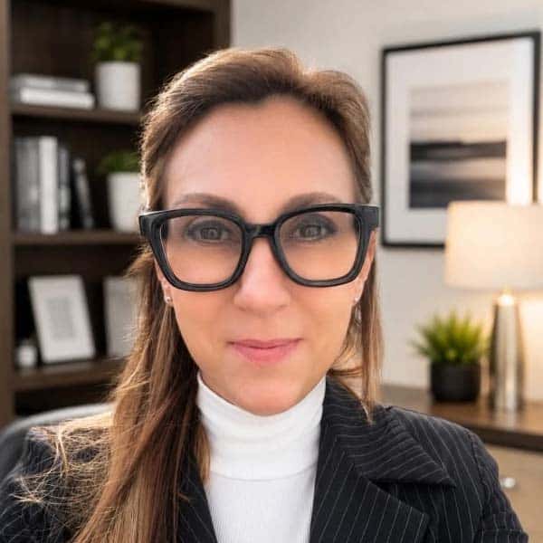 A woman with brown hair wearing black-rimmed glasses and a white turtleneck under a pinstripe blazer.