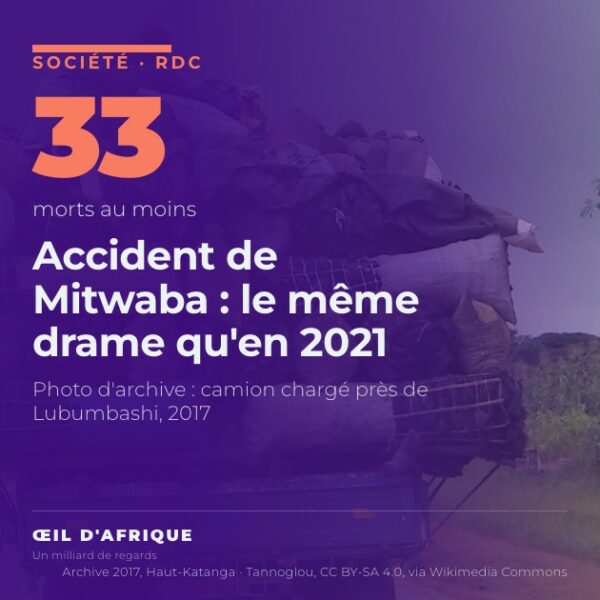Camion chargé de marchandises et de passagers sur une route du Haut-Katanga, photo d'archive illustrant l'accident de Mitwaba