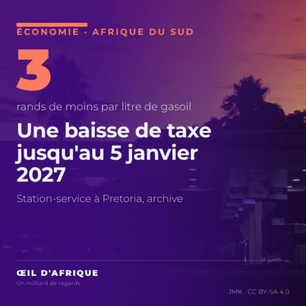 Station-service Engen à Pretoria au crépuscule, en Afrique du Sud, où la taxe sur les carburants baisse de 3 rands sur le gasoil le 4 novembre 2026