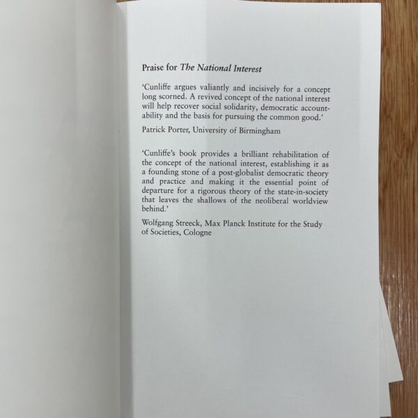 Praise for The National Interest book page, showcasing academic reviews and insights on social solidarity, democratic theory, and post-globalist perspectives.