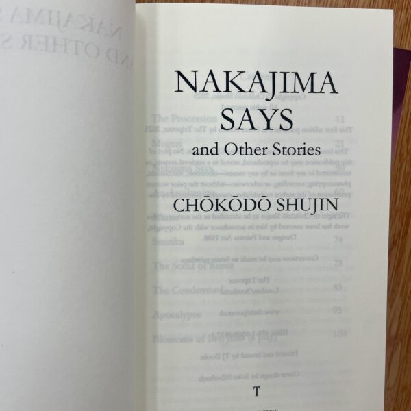 Insightful image of a book titled "Nakajima Says and Other Stories" by Chōkōdō Shūjin, showcasing lush typography and a clean layout, perfect for readers interested in Japanese literature and storytelling.