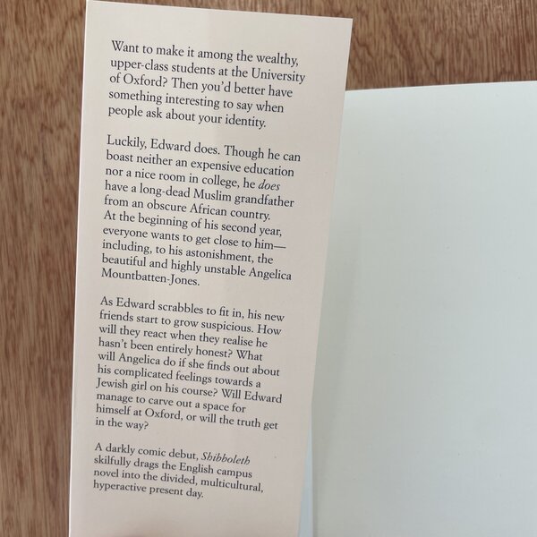 A young adult fiction book page describing a character named Edward and themes of identity, education, and social perception, set against a wooden background.