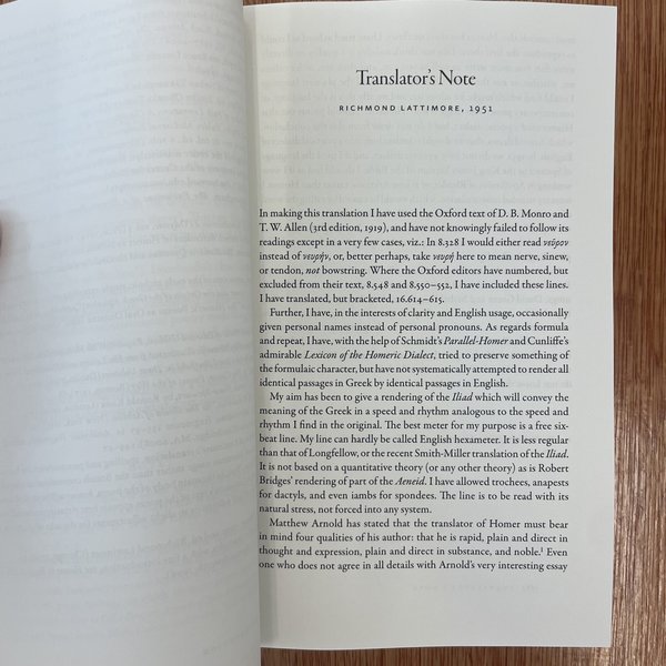 Translator's note page from Verdurin, highlighting the translation and interpretation of Homeric Greek into English, with emphasis on scholarly translation practices and Greek literary analysis.
