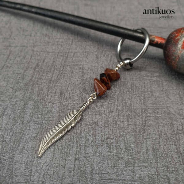 Obsidian feather tribal earring by Antikuos