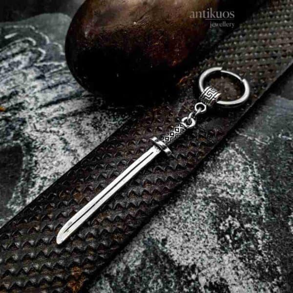 Samurai sword alternative mens dangle earring by Antikuos jewellery, detail