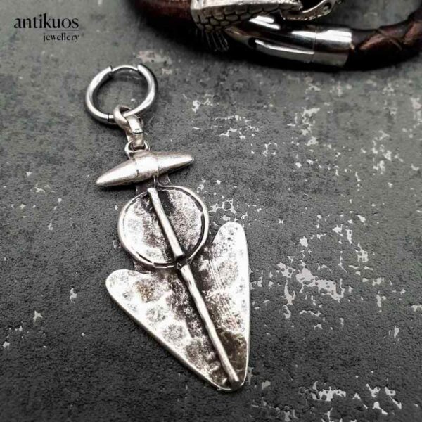 Zulu spear tribal earring by Antikuos jewellery, close-up
